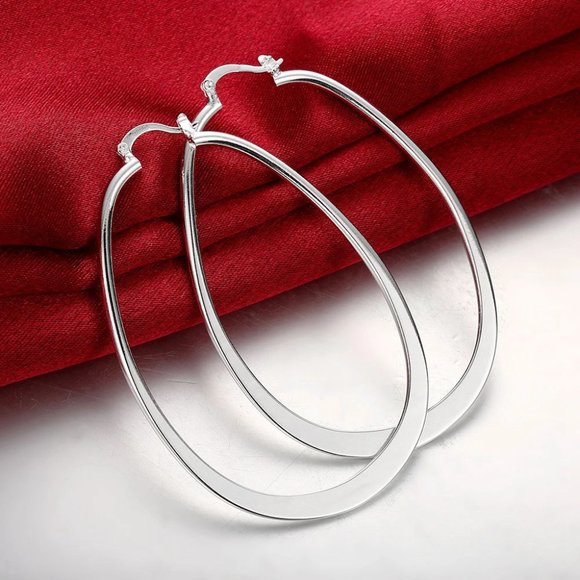 Stunning .925 Sterling Silver Large 2.7 Inches Oval Hoop Earrings Hypoallergenic - Picture 6 of 6